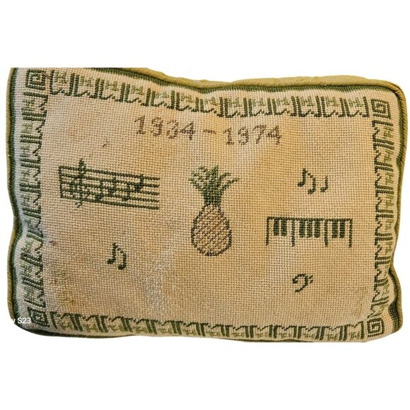 Vintage Needlepoint Pillow With Pineapple & Music Motif Olive Green & Beige - Picture 2 of 8